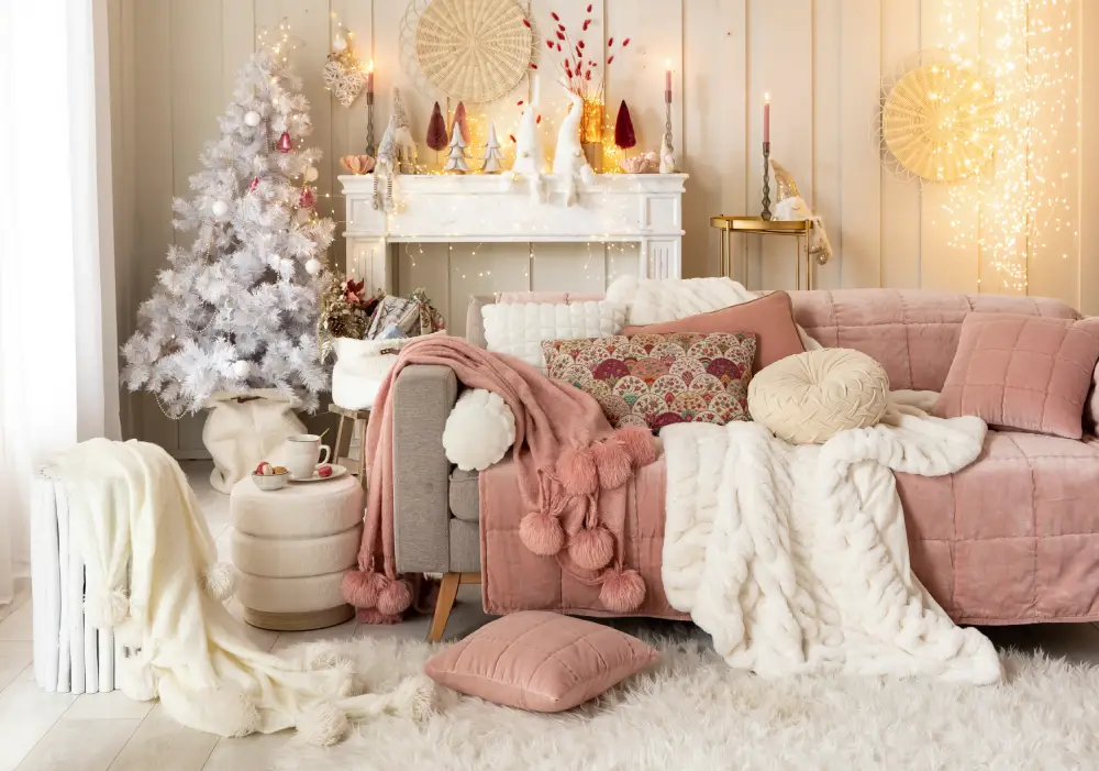 Salon avec déco de Noël rose poudré