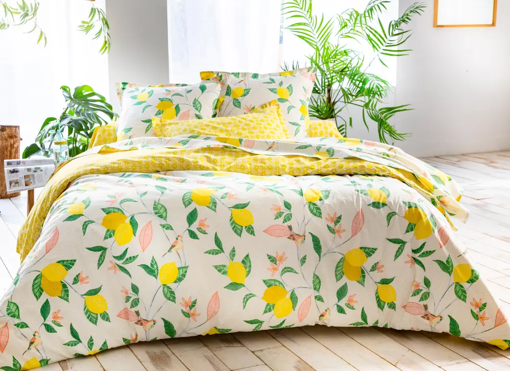 Linge de lit motif citrons et oiseaux