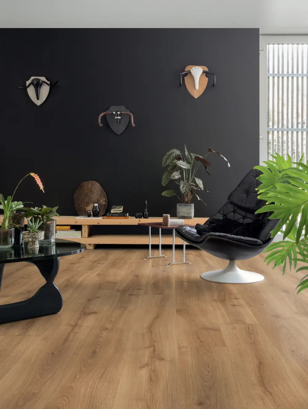 Salon avec mur noir et parquet couleur bois